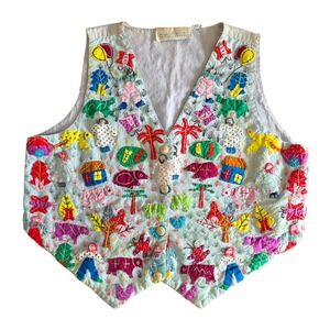 Vintage Passports Pier 1 Imports Folk Art Embroidered Applique Cotton Vest OS